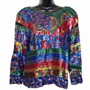 VTG 80 90s JEAN FOR JOSEPH LE BON COLORFUL RETRO SEQUIN TOP HOLIDAY PARTY GLAM L